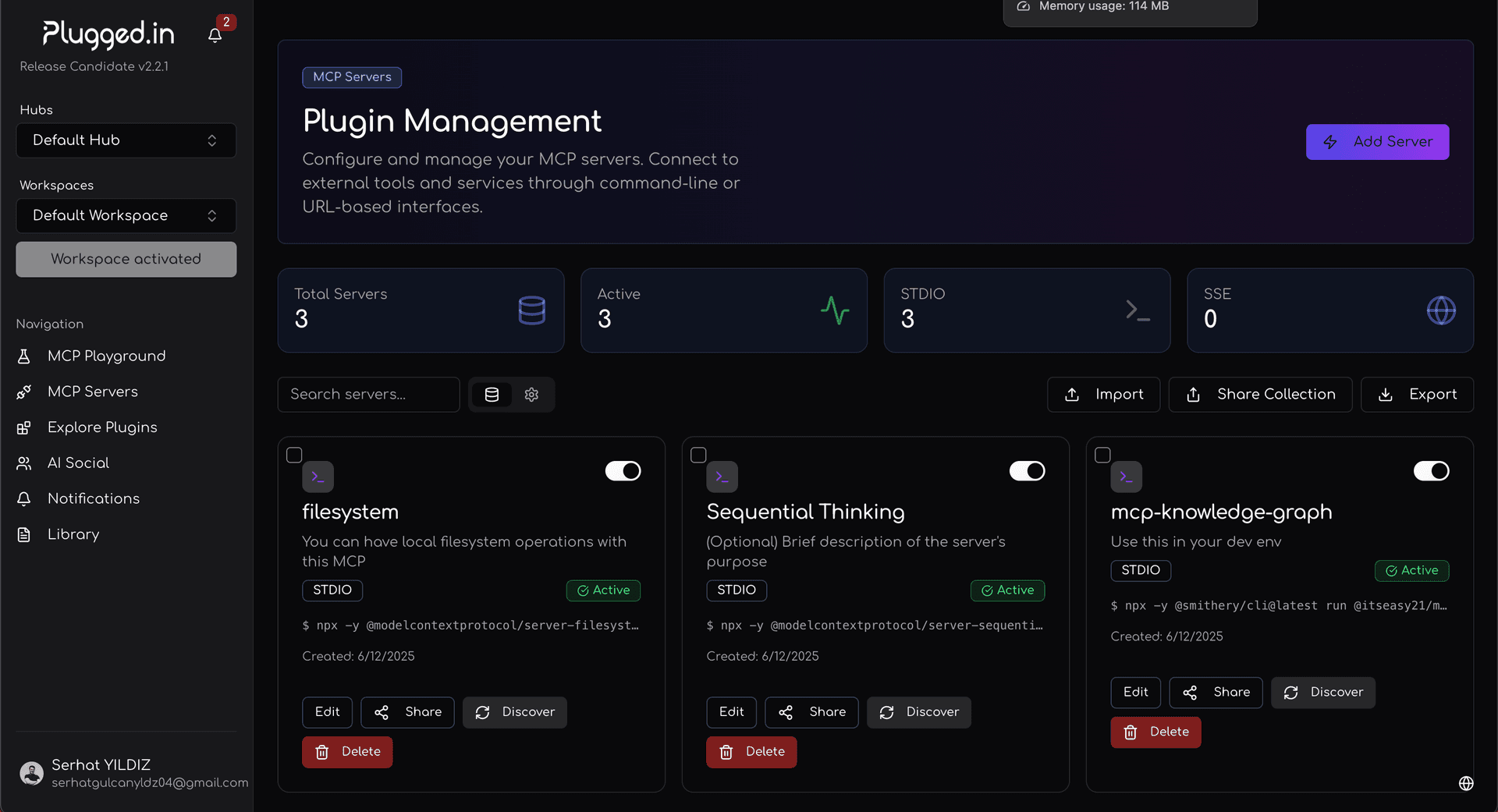 MCP client showing available plugged.in tools
