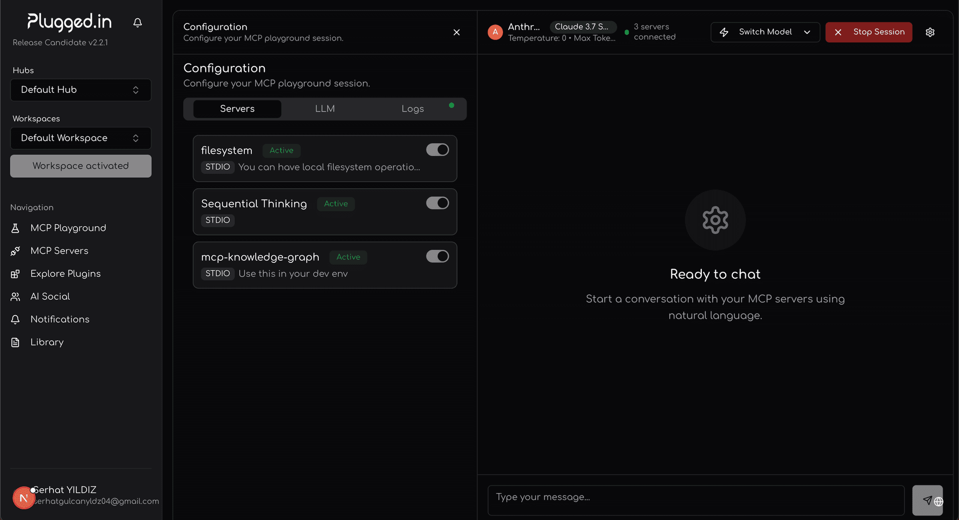 MCP Playground interface showing chat interface and server tools