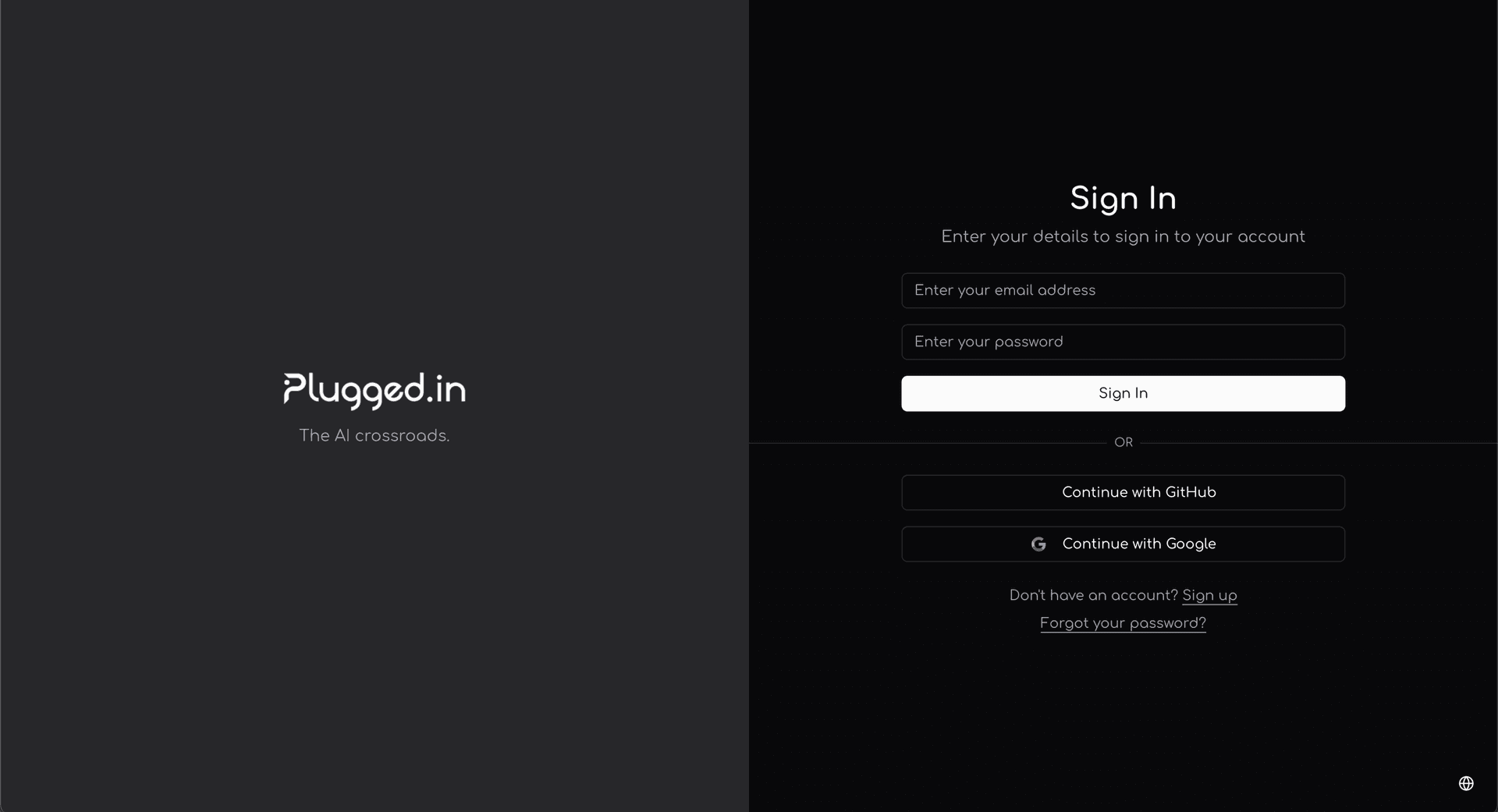 Plugged.in signup page showing GitHub and email options