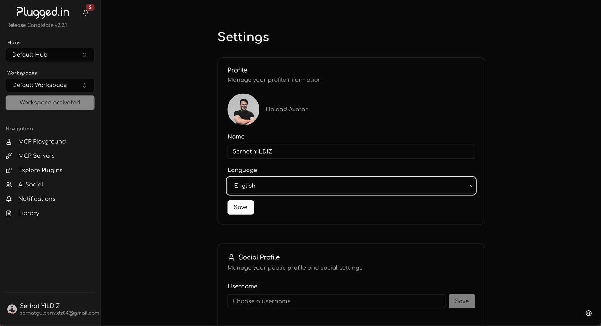 Settings page showing language selection options