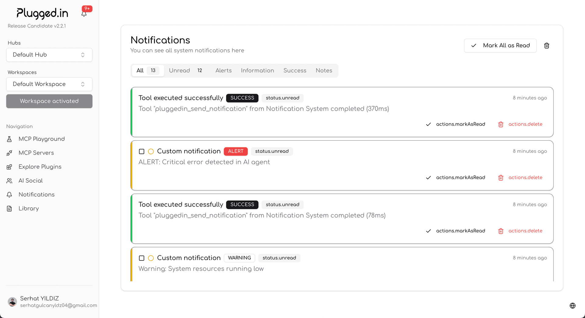 Notification center showing different types of notifications